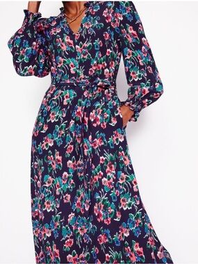 Boden‎ Easy Notch Midi Dress Women’s Size 10 Floral Long Sleeve Ruffle Navy Pink